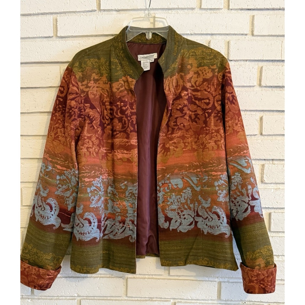 Coldwater Creek Womens Size Med. Orange‎ Multicolor Linen Blend Open Jacket